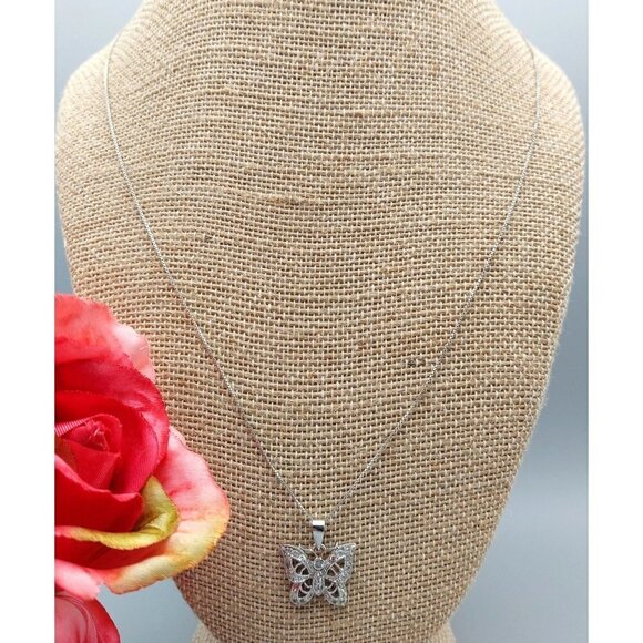 FAS 925 Sterling Silver Butterfly Pendant Crystal Accents Sterling Box Chain 20" - Picture 2 of 8